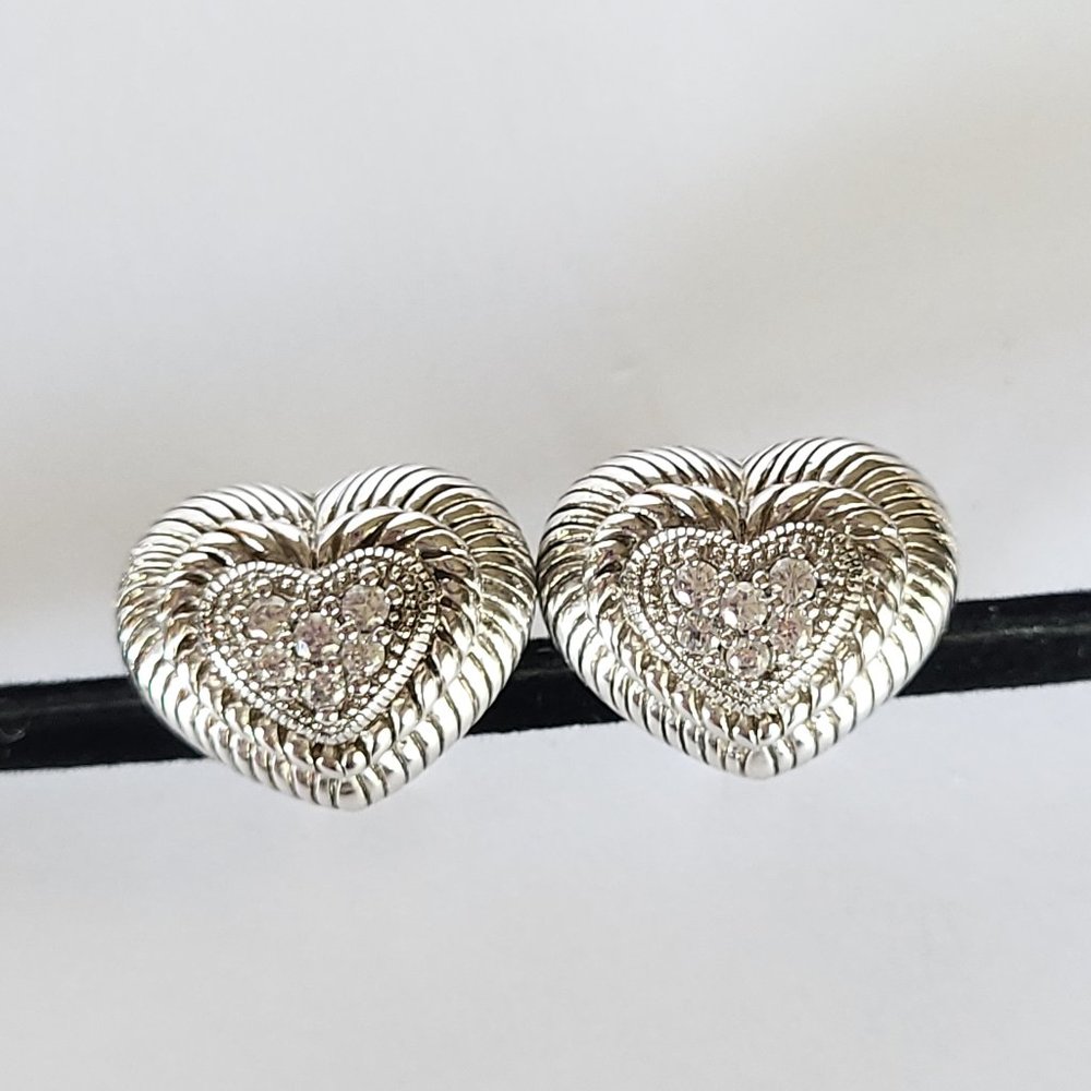 JUDITH RIPKA HEART SHAPE CZ POSTS EARRINGS STERLING SILVER 925 W/ OMEGA BACKS